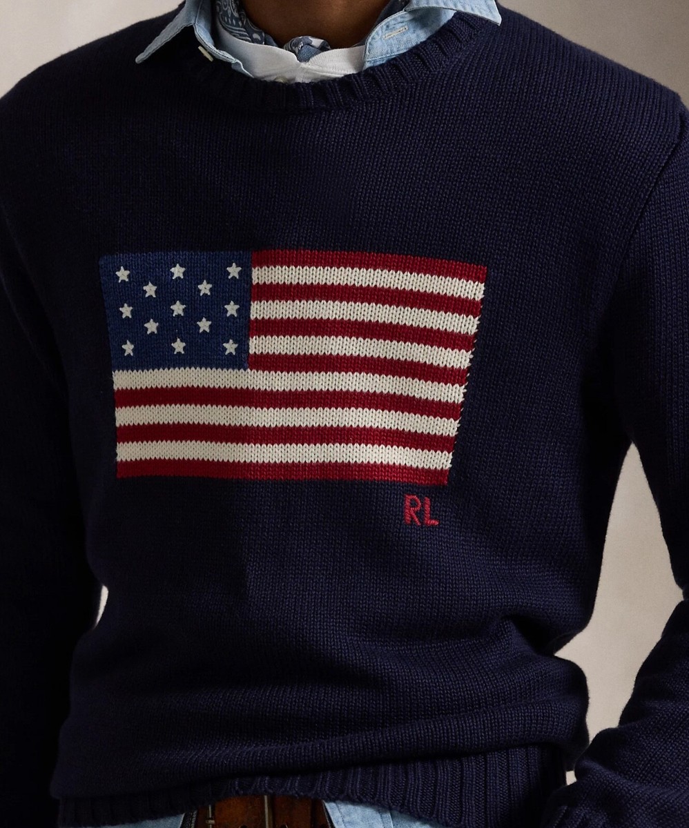NWT Polo Ralph Lauren Navy Blue AMERICAN FLAG Knit CrewNeck