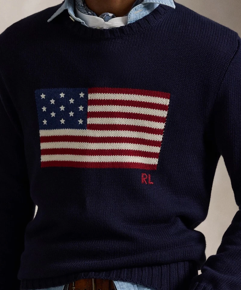 Suéter Polo Ralph Lauren Azul Marinho BANDEIRA AMERICANA Malha Gola Redonda Novo com etiquetas - Imagem 3 de 4