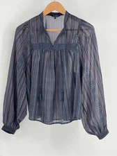 Lucky Brand Top Women Size Medium Blue Sheer Balloon Sleeve Stripe Peasant