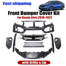 Front Bumper Cover Kit with Grille + Lip For 2016-2021 Honda Civic Type R Style
