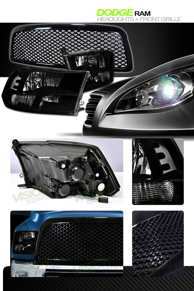 Faros estilo cuádruple negros para Ram 1500 09-12 con lámparas de estacionamiento + rejilla de parachoques Nb Foto 2 de 2