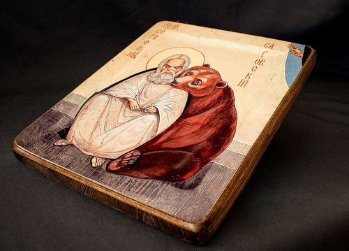 Handcrafted Wooden Icon Of "St. Seraphim of Sarov" With A Bear Religious Artwork - Picture 3 of 8