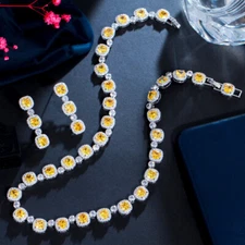 Luxury Fashion Yellow CZ Stone Long Square Wedding Necklace Earrings Jewelry Set