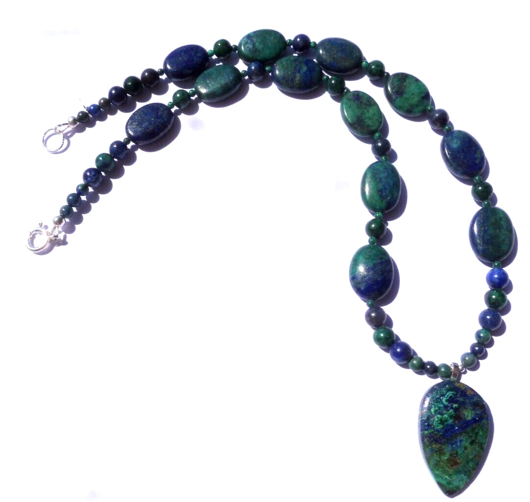Collier azurite malachite véritable 200 carats et argent massif
