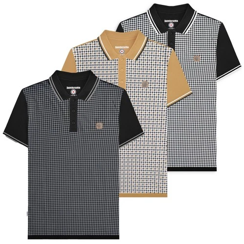 Mens Lambretta Checked Casual Retro Mod Ska Black Polo Shirt Sizes M to 4XL