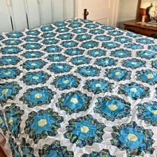 HAND PIECED QUILT TOP 72" X 80"-TURQUOISE GRANDMA'S FLOWER GARDEN-UNFINISHED