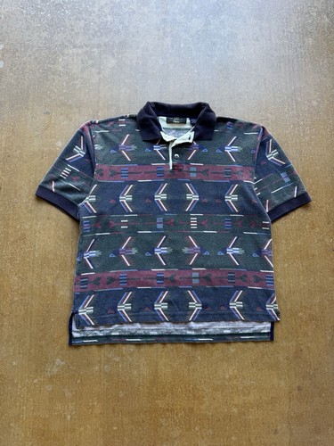 Orvis, VTG 90s Orvis Aztec All Over Print Cotton Polo Shirt Short Sleeve Southwestern L