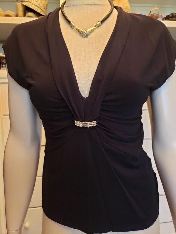 Rich Black Roberto Cavalli Plunge Vee Neck Sexy Drape Neck Top in a Size 44
