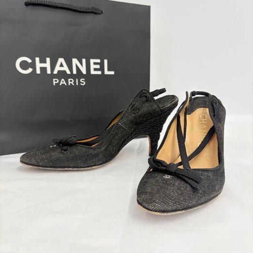 Chanel Coco Mark Pumps High Heels US 6.5 / UK 4.5 Black Strap Authentic 044521