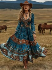 Women'S Spring/Summer Deep V-Neck Western Cowboy Style Blue-Brown Print Long Dre