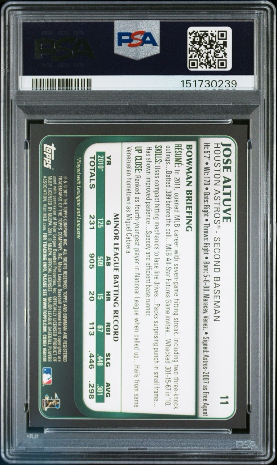 2011 Bowman Draft Jose Altuve Rookie #11 PSA 10 view 2
