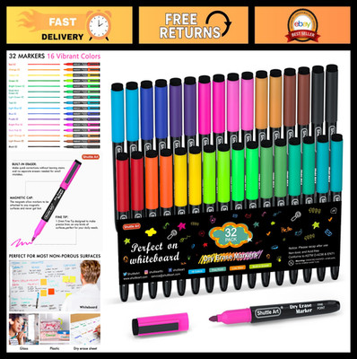 32 Pack Dry Erase Markers - 16 Colors Fine Point Magnetic Whiteboard Pens for Sc