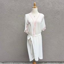 Vintage White  Pink Floral Lace Chiffon Robe Sz Large Coquette Whimsy Romantic