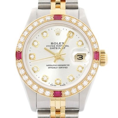 Rolex Datejust Silber 18K Gelbgold & Ss Diamant Rubin Jubiläum Uhr 69173