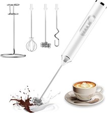 Handheld milk frother with 3 frothing heads a...