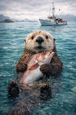 Otter Fisch Ozean Boot Meer Poster Druck gerahmt Leinwand Wandbild