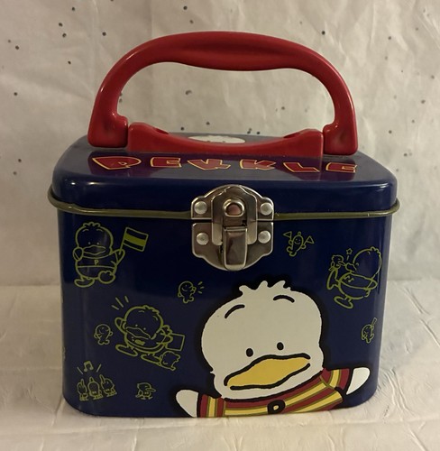 Vintage 1996 Sanrio Pekkle Tin Metal Trinket Box Korea Red Plastic Handle