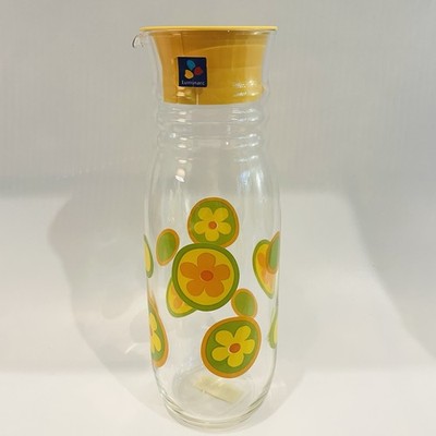 Vintage Glass Juice Pitcher Carafe Yellow Orange Green Flower Design NEW