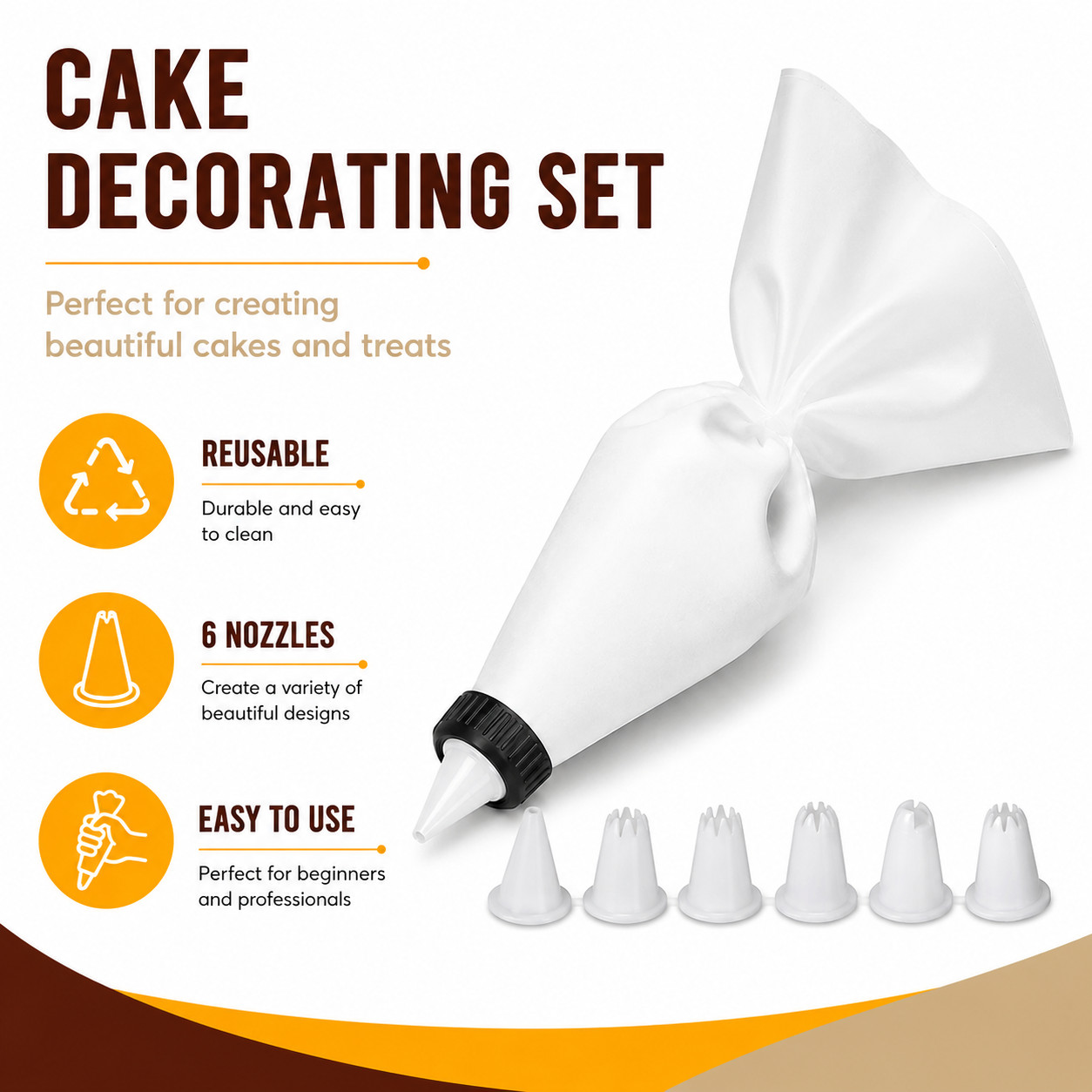 Cake Decorating Set Piping Bag & 6 Nozzles Icing Cupcake Baking Tool