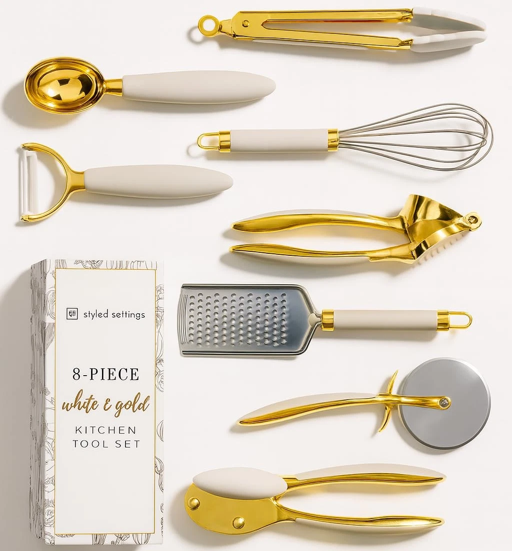 White Gold Cooking Utensils Set - Luxe 8-Piece Kitchen Gadget Set Includes C...