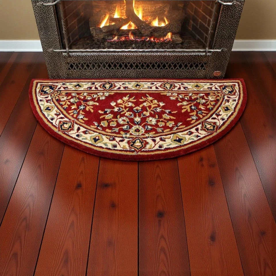 Half Round Area Rug Oriental Burgundy Virgin Wool Medallion Design 2 ft. x 5 ft. - Image 4 of 4