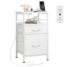 Night Stand with Charger Station, White Nightstand with 2 Fabric Drawers, Bed...