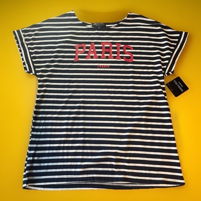 NWT Absolutely Famous Women's XL Striped Paris France Graphic  Shirt Navy White