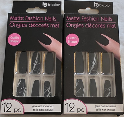 b.color Press-On Nails Coffin Matte Black Marble Full Cover Pre-Designed Set