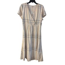 Madewell Linen Blend Clara Midi Dress Plaid Size Medium Muted Blush Pockets