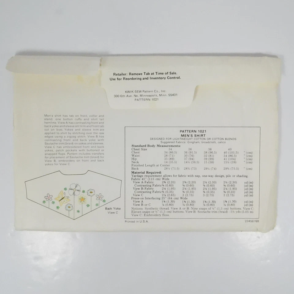 Kwik Sew 1021 Mens Shirt Pattern Size 34-40 Uncut Western Snaps Buttons Yoke - Image 4 of 4