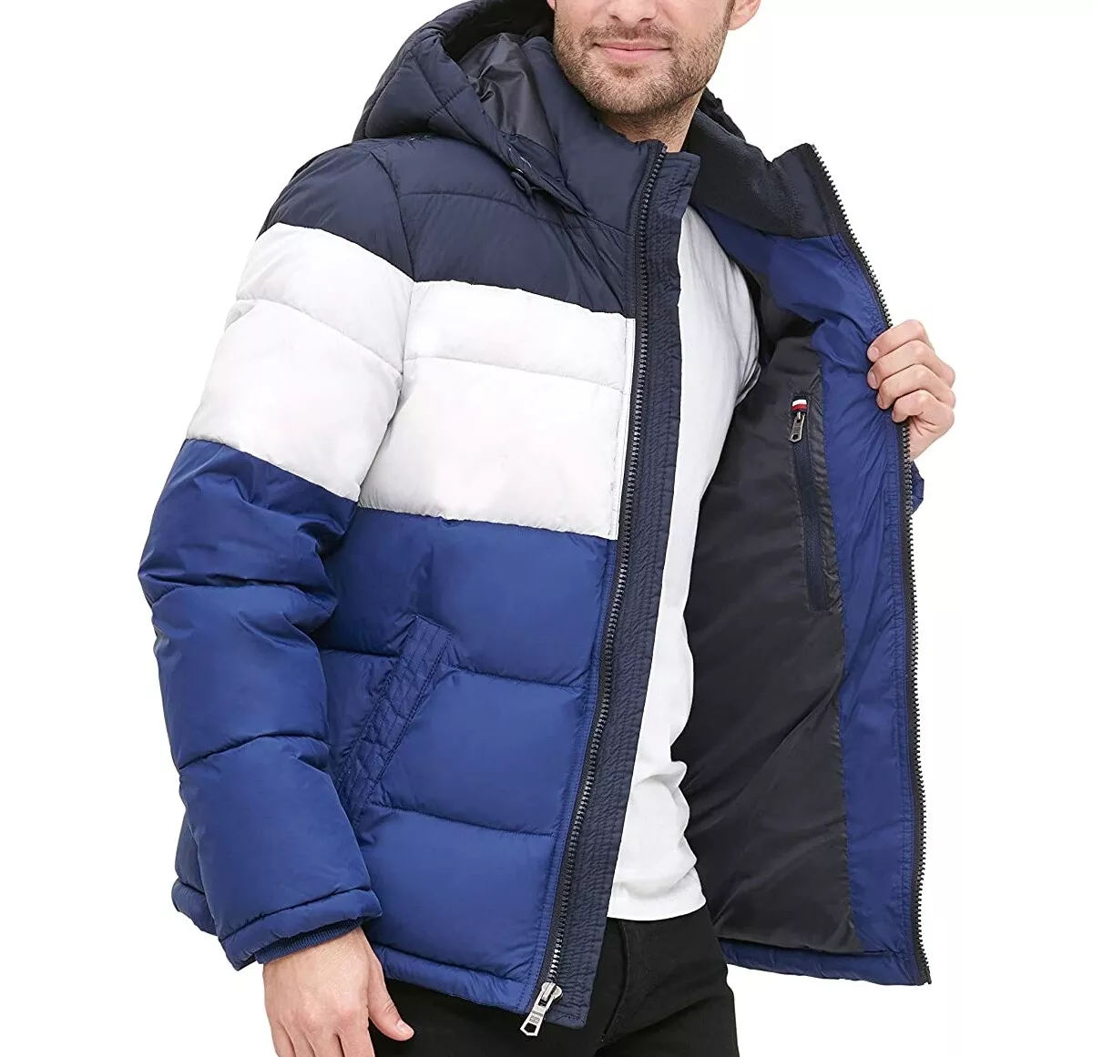 Tommy Hilfiger New Men\'s Classic Hooded Puffer Jacket - Blue Colorblock - M  | eBay