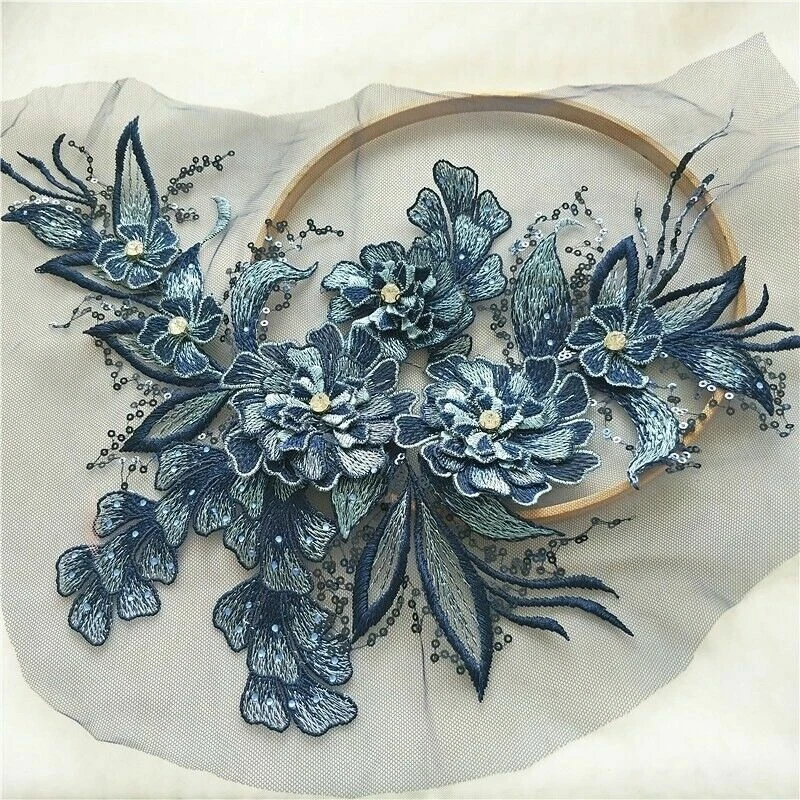 Embroidery Lace Applique 3D Sequin Patch DIY Wedding Dress Sewing Trimming Craft - Image 4 of 4