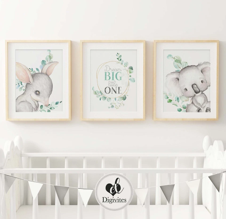 DIGIVITES Baby, Australian Animal Nursery Wall Art Print Set of 3. Koala, Bilby, dream big