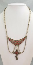 Red Rhinestone Large Cross Pendant Brass Metal Tone Drape Chain Bib Necklace