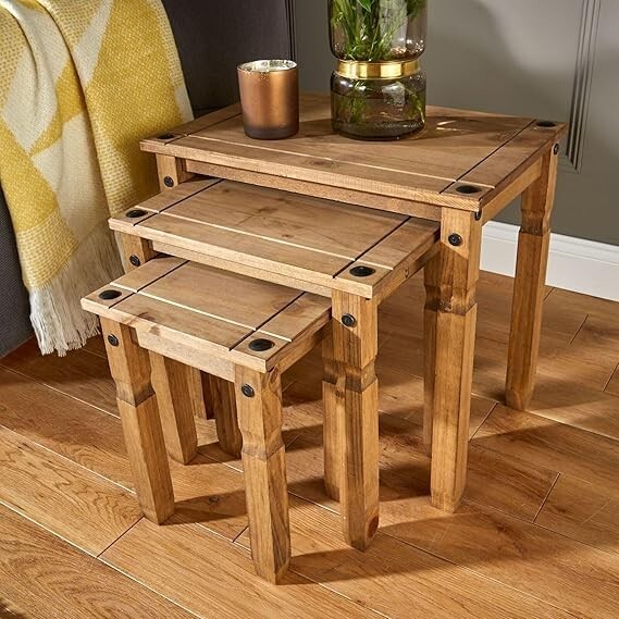 Home Source Solid Pine Wood Nest of Tables, Set of 3 for Living Room, Grey Finish 49 Nest of Tables Solid Pine Wood Set of 3 Coffee Side Table Living Room Furniture