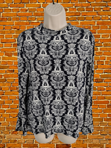 WOMEN LAURA ASHLEY SIZE UK 12 BLACK MONO PRINT BELL SLEEVE MOCK NECK T SHIRT TOP