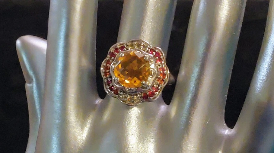 Anillo de cóctel de turmalina vintage en ley con detalles de citrino y espinela {J0295} Foto 4 de 4