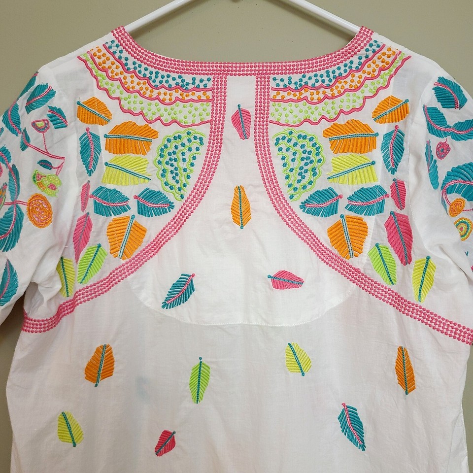 Gretchen Scott Colorful Embroidered Short Sleeve Blouse Top Size Large