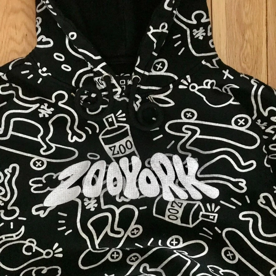 Sudadera con capucha Zoo York con estampado integral para hombre L Y2K vintage negro blanco suéter Foto 2 de 4