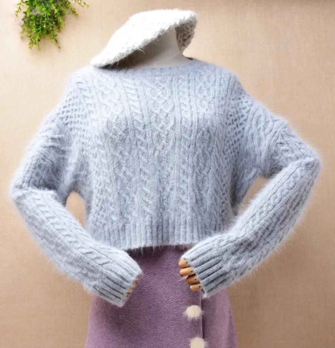 Mink cashmere mohair angora knit grey gray cable fluffy sweater jumper lux