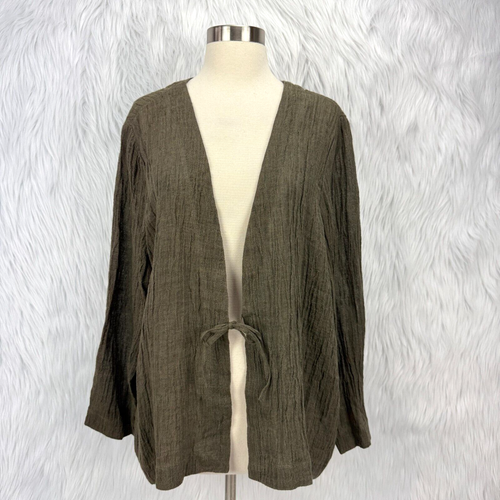 J. Jill Pure Jill NWT Olive Green Crinkle 100% Linen Tie Front Top XLP Lagenlook
