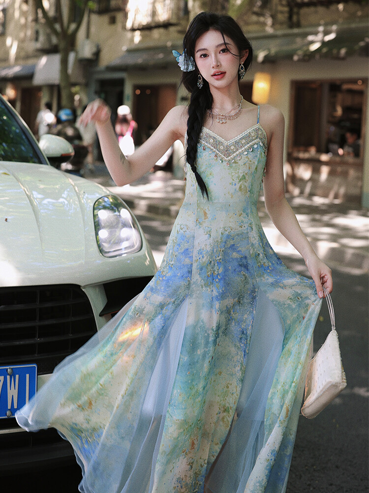 Summer Ladies Beach Blue Lace Dress Printed Floral Long Skirt Suspender Dresses | eBay Summer Ladies Beach Blue Lace Dress Printed Floral Long Skirt Suspender Dresses | eBay