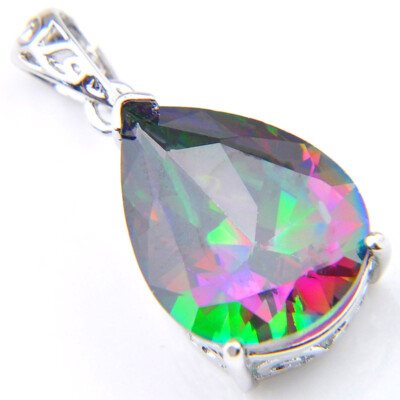 Xmas Rainbow Moon Teardrop Mystical Fire Topaz Gems Silver Necklace Pendants