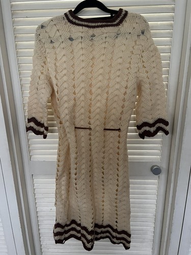 Vintage 70s 80s Ivory Cotton Crochet Blouson Dress M Festival Hippie Boho - Picture 4 of 6