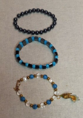 Lot Of Three Fashion Bracelets Two Are Hematite And One Crystal, Turquoise, And