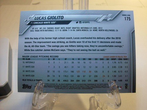 2020 Topps Baseball Card #175a Lucas Giolito (410) - Picture 2 of 2