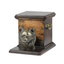 Chihuahua long-haired - urn for dog ashes with a statuette, elegant urn for a do