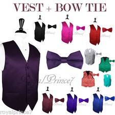 SOLID Formal Casual Tuxedo Suit Dress Vest Waistcoat  BOW TIE Wedding 2 IN 1