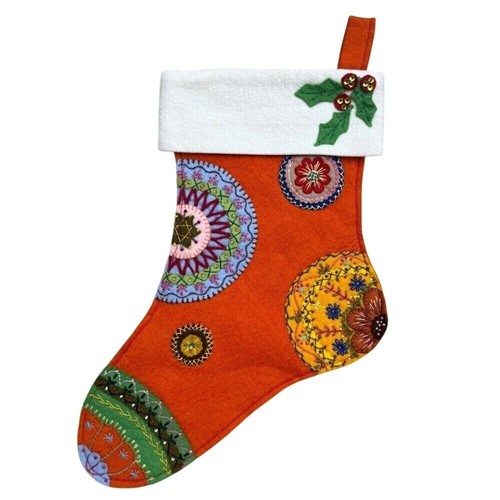 Vintage 70er Handarbeit Weihnachtsstrumpf bestickt Filz Deko Unikat Applikation - Bild 1 von 8