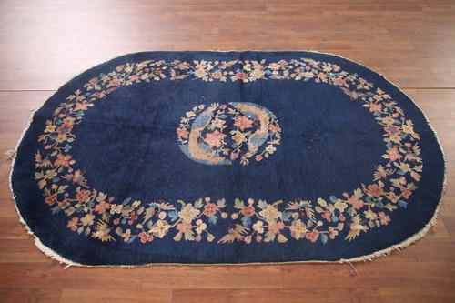 Navy Blue Art Deco Nichols Oval Vegetable Dye Area Rug 4x6 Chinese Hand-made Rug - Picture 14 of 19